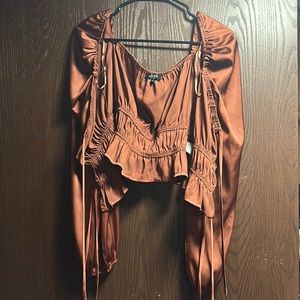 Satin Brown puffy long sleeve evening top